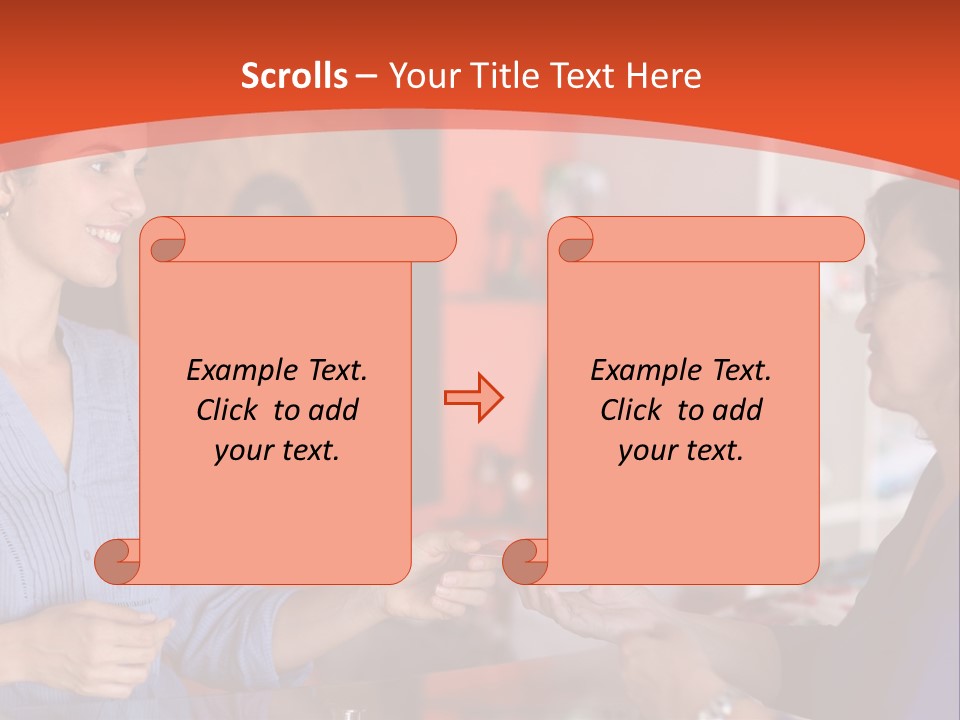 A Woman Handing Something To A Woman In A Blue Shirt PowerPoint Template