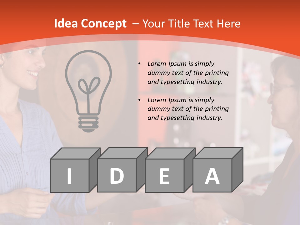 A Woman Handing Something To A Woman In A Blue Shirt PowerPoint Template