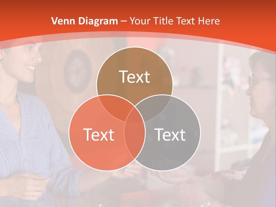 A Woman Handing Something To A Woman In A Blue Shirt PowerPoint Template