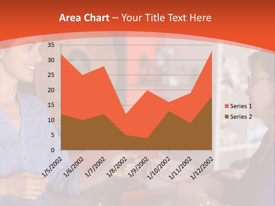 A Woman Handing Something To A Woman In A Blue Shirt PowerPoint Template