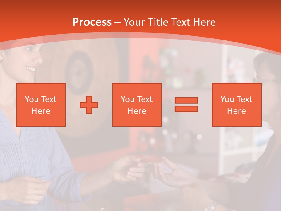 A Woman Handing Something To A Woman In A Blue Shirt PowerPoint Template