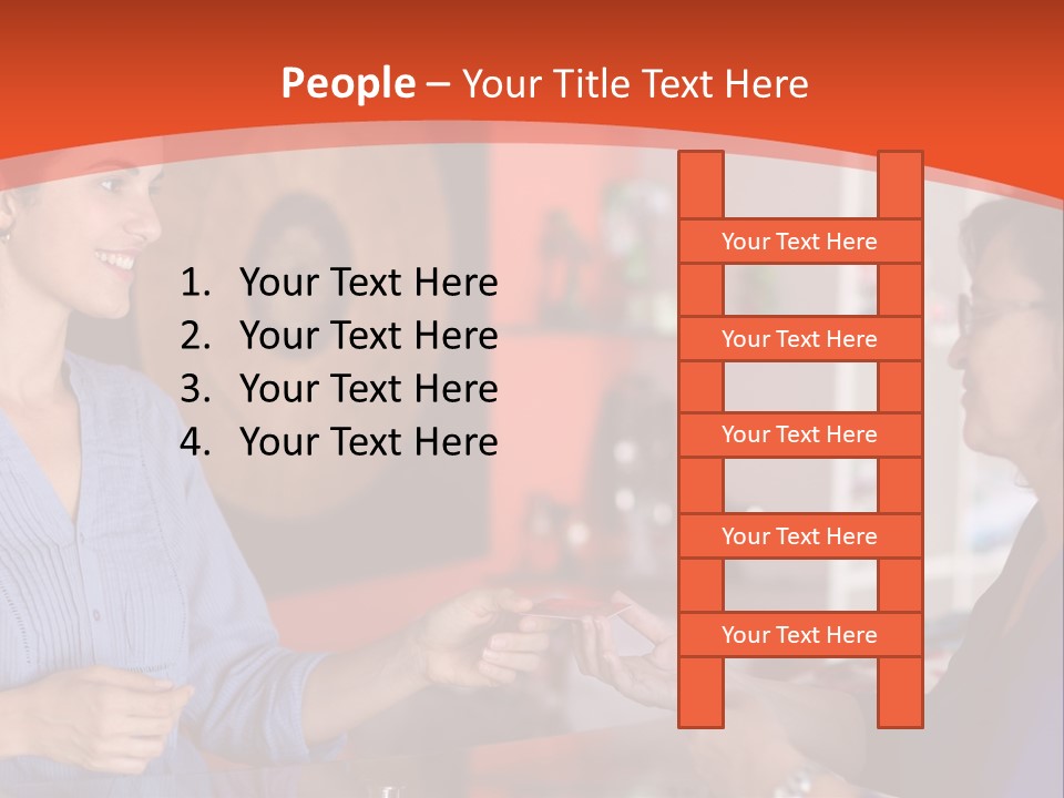 A Woman Handing Something To A Woman In A Blue Shirt PowerPoint Template