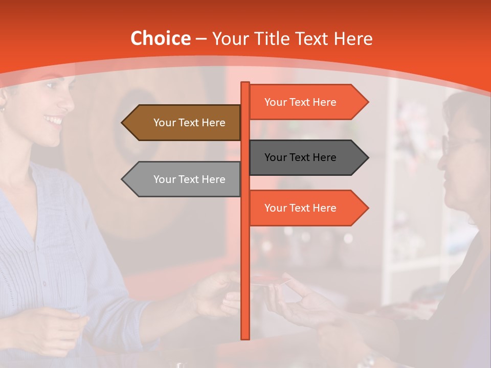 A Woman Handing Something To A Woman In A Blue Shirt PowerPoint Template