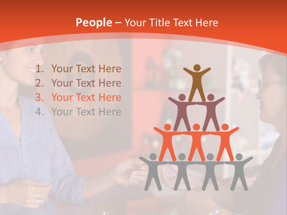 A Woman Handing Something To A Woman In A Blue Shirt PowerPoint Template