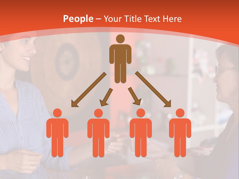 A Woman Handing Something To A Woman In A Blue Shirt PowerPoint Template