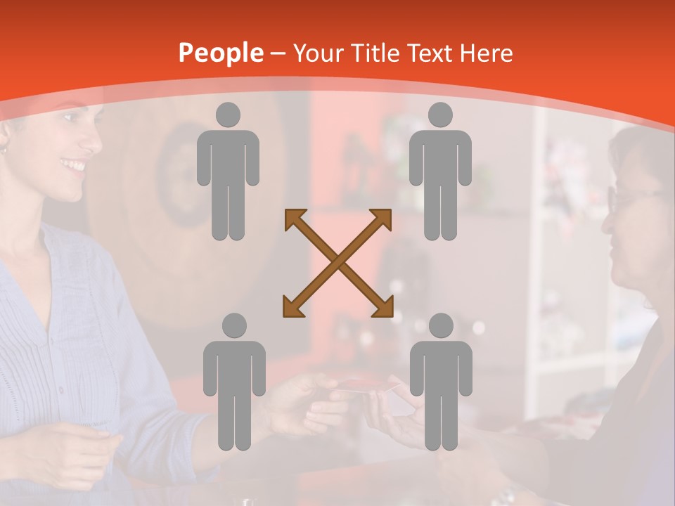 A Woman Handing Something To A Woman In A Blue Shirt PowerPoint Template