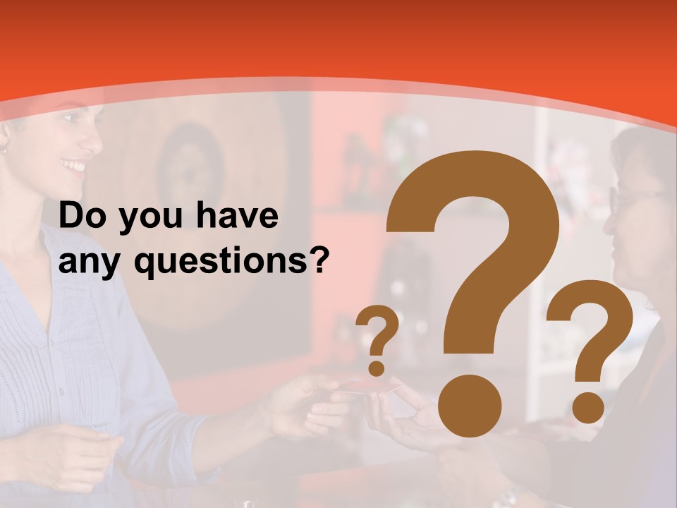 A Woman Handing Something To A Woman In A Blue Shirt PowerPoint Template