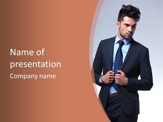 A Man In A Suit Is Looking Down At His Tie PowerPoint Template