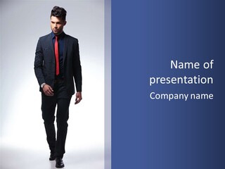 A Man In A Suit And Tie Is Standing In Front Of A Blue Background PowerPoint Template