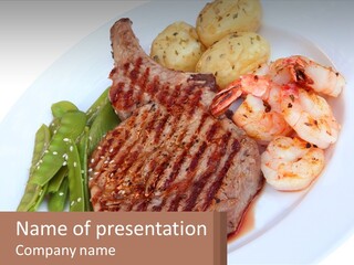 A White Plate Topped With Meat And Shrimp PowerPoint Template