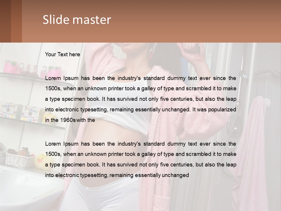 A Pregnant Woman Is Drying Her Hair In The Bathroom PowerPoint Template