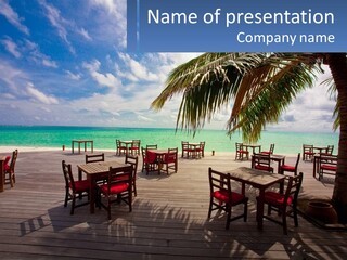 A Wooden Table With Red Chairs And A Palm Tree PowerPoint Template