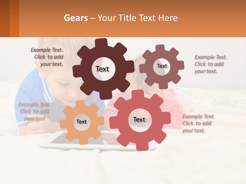 Two Children Laying On A Bed Playing With A Tablet PowerPoint Template