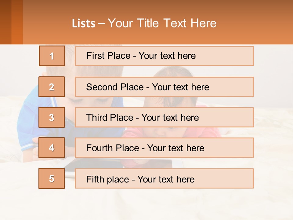Two Children Laying On A Bed Playing With A Tablet PowerPoint Template