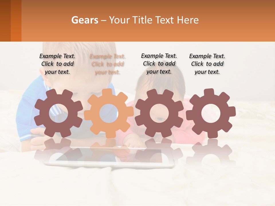 Two Children Laying On A Bed Playing With A Tablet PowerPoint Template