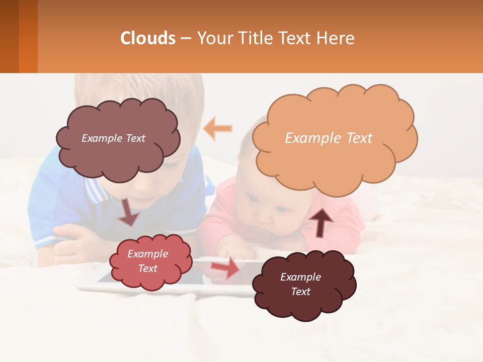 Two Children Laying On A Bed Playing With A Tablet PowerPoint Template
