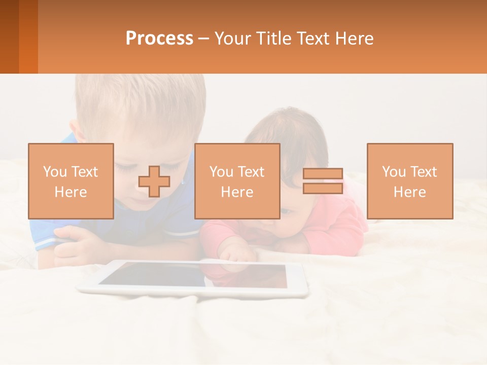 Two Children Laying On A Bed Playing With A Tablet PowerPoint Template