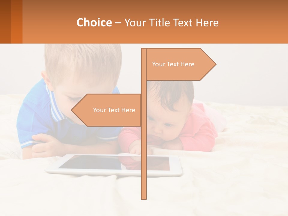 Two Children Laying On A Bed Playing With A Tablet PowerPoint Template
