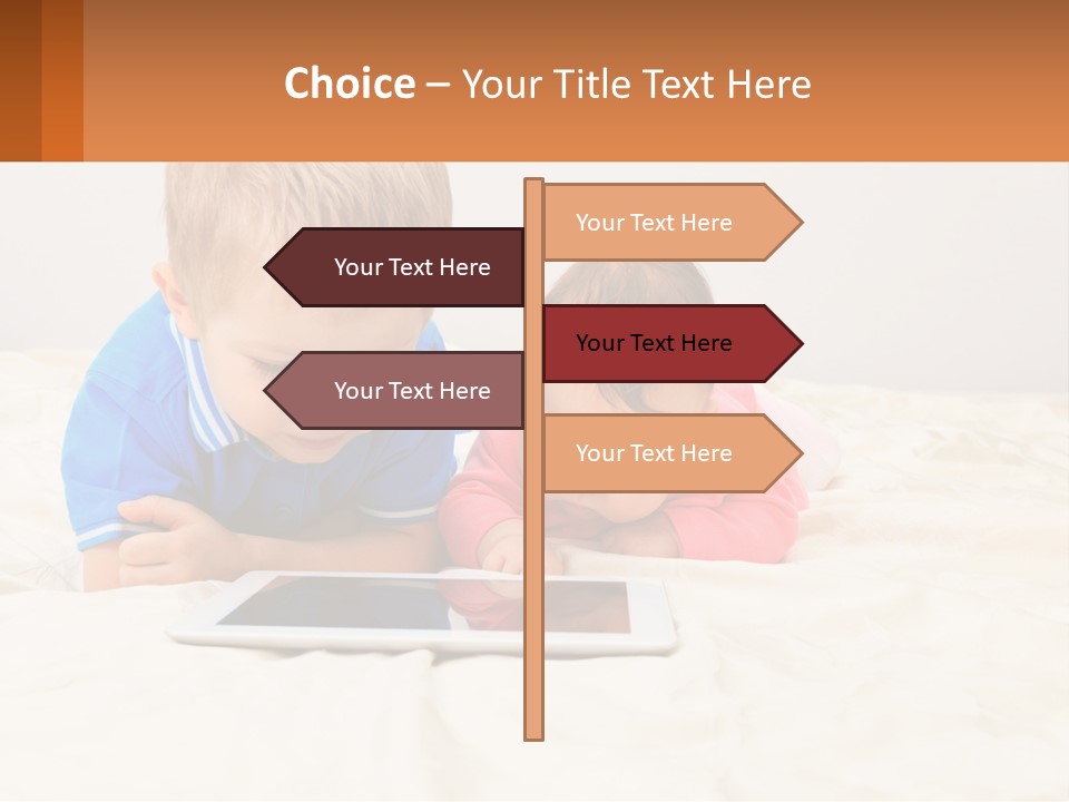 Two Children Laying On A Bed Playing With A Tablet PowerPoint Template