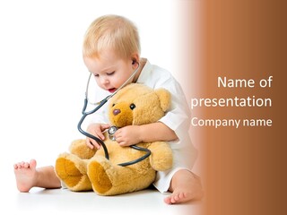 A Child With A Stethoscope Is Holding A Teddy Bear PowerPoint Template