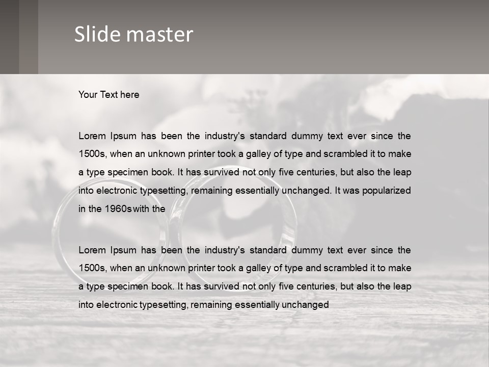 Two Wedding Rings Sitting On Top Of A Wooden Table PowerPoint Template