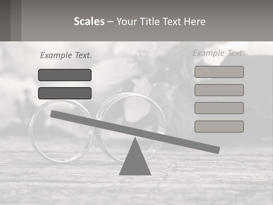 Two Wedding Rings Sitting On Top Of A Wooden Table PowerPoint Template