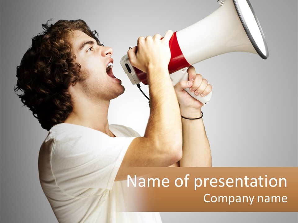 A Man Holding A Megaphone Up To His Face PowerPoint Template