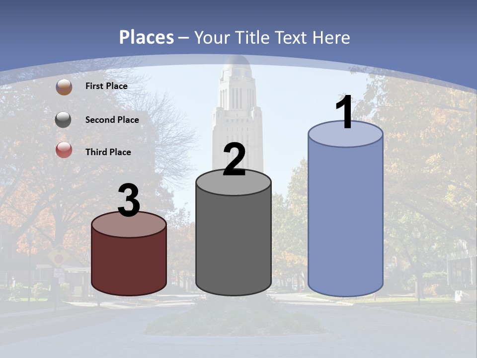 A City Street With A Tall Tower In The Background PowerPoint Template