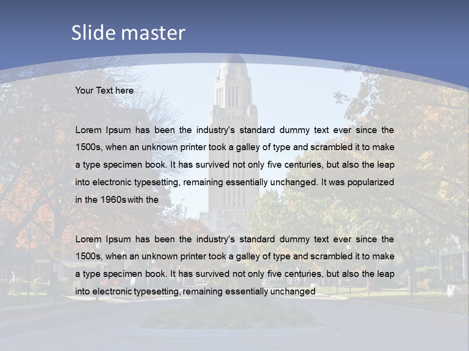 A City Street With A Tall Tower In The Background PowerPoint Template