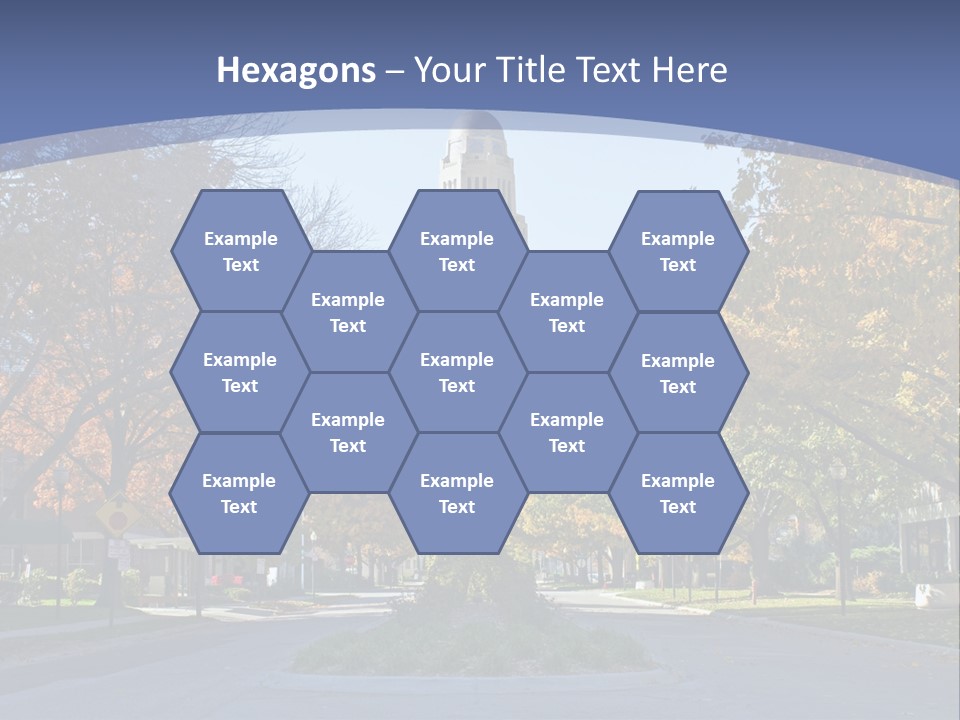 A City Street With A Tall Tower In The Background PowerPoint Template