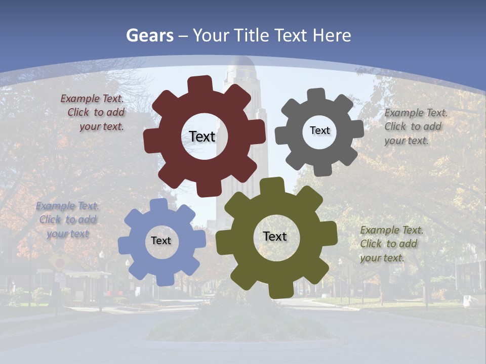 A City Street With A Tall Tower In The Background PowerPoint Template