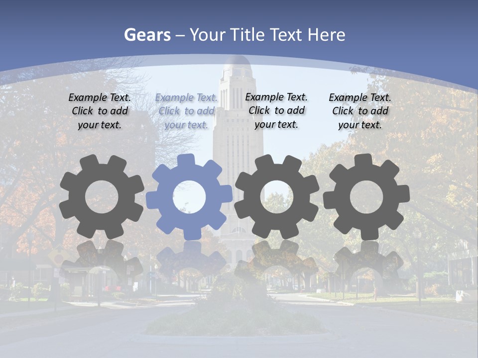 A City Street With A Tall Tower In The Background PowerPoint Template