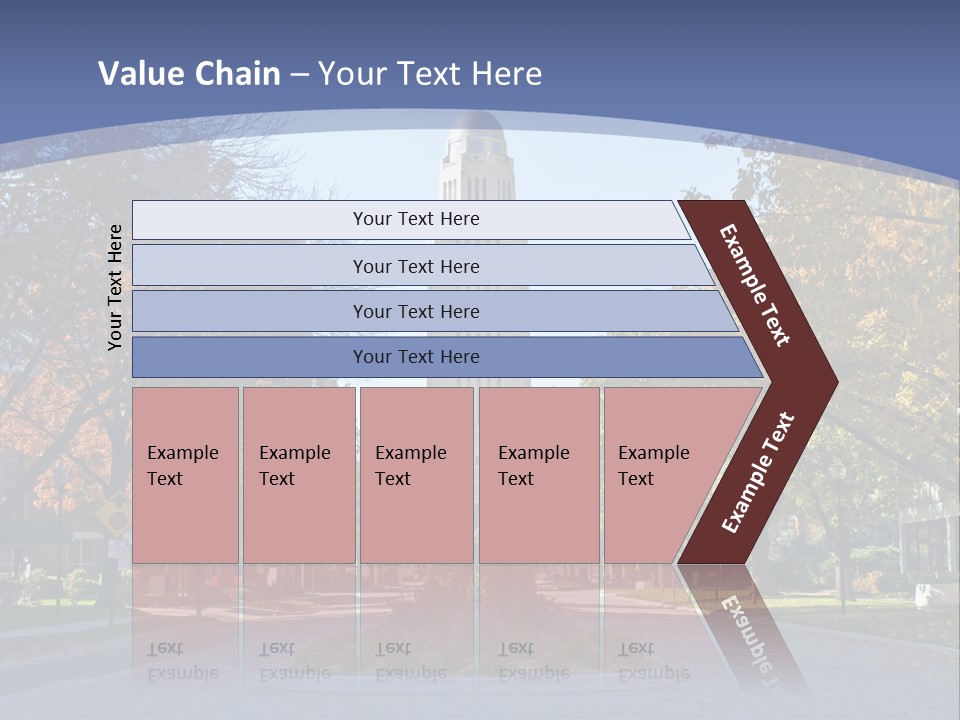 A City Street With A Tall Tower In The Background PowerPoint Template
