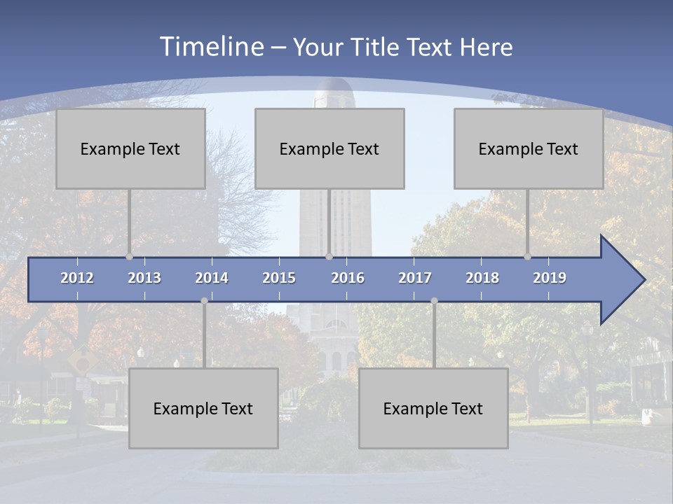A City Street With A Tall Tower In The Background PowerPoint Template