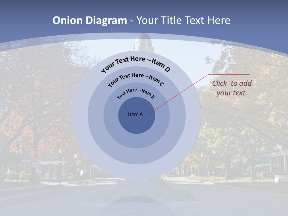 A City Street With A Tall Tower In The Background PowerPoint Template