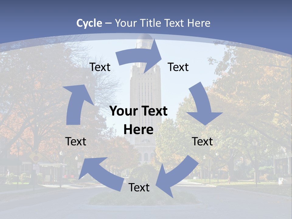 A City Street With A Tall Tower In The Background PowerPoint Template
