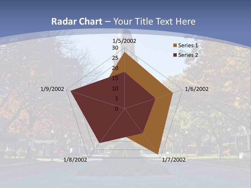 A City Street With A Tall Tower In The Background PowerPoint Template