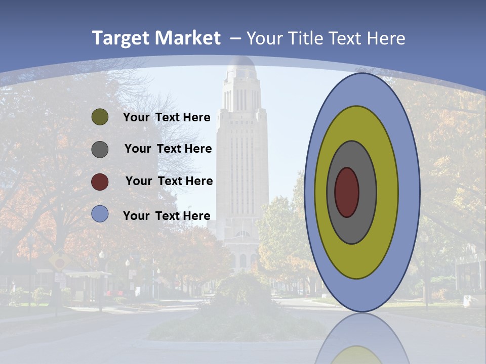 A City Street With A Tall Tower In The Background PowerPoint Template