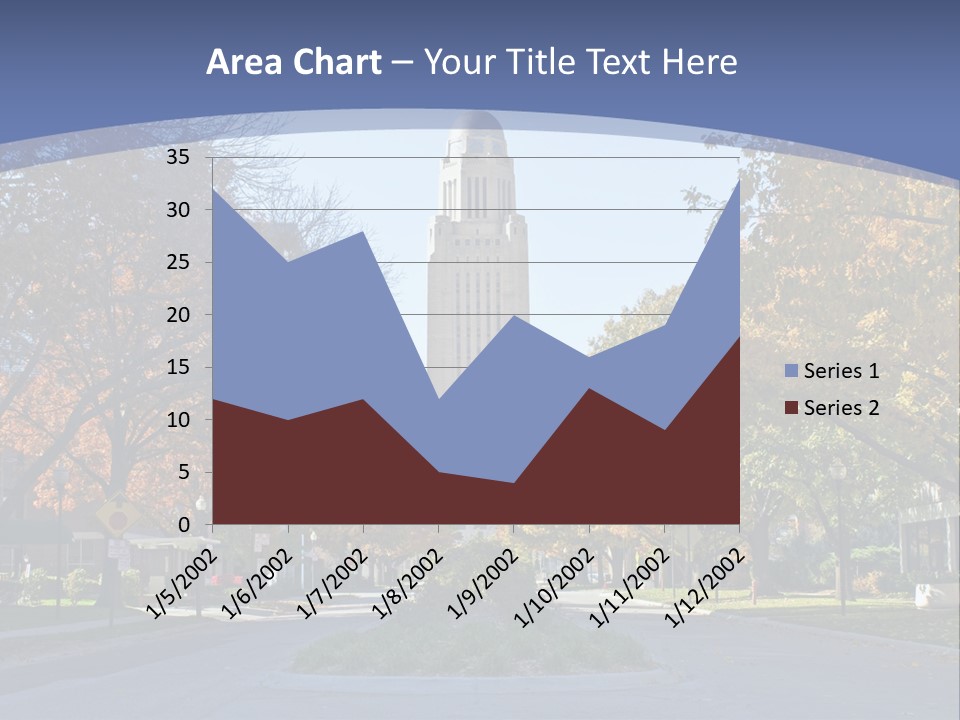 A City Street With A Tall Tower In The Background PowerPoint Template