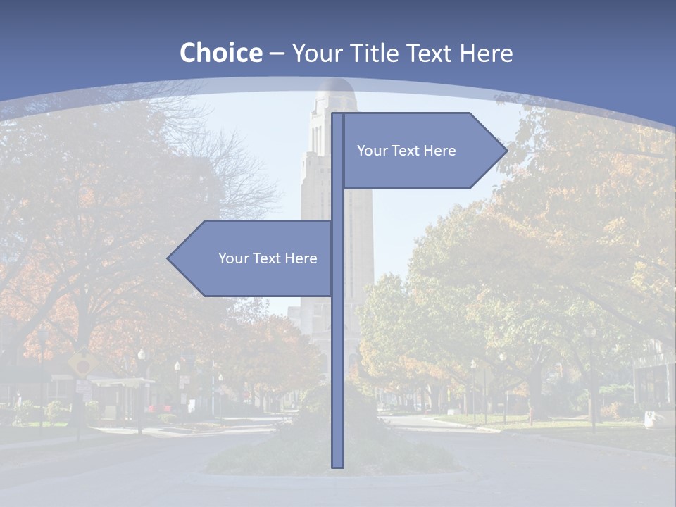 A City Street With A Tall Tower In The Background PowerPoint Template