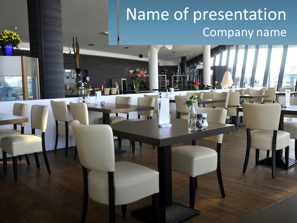 A Restaurant With Tables And Chairs And A Large Window PowerPoint Template