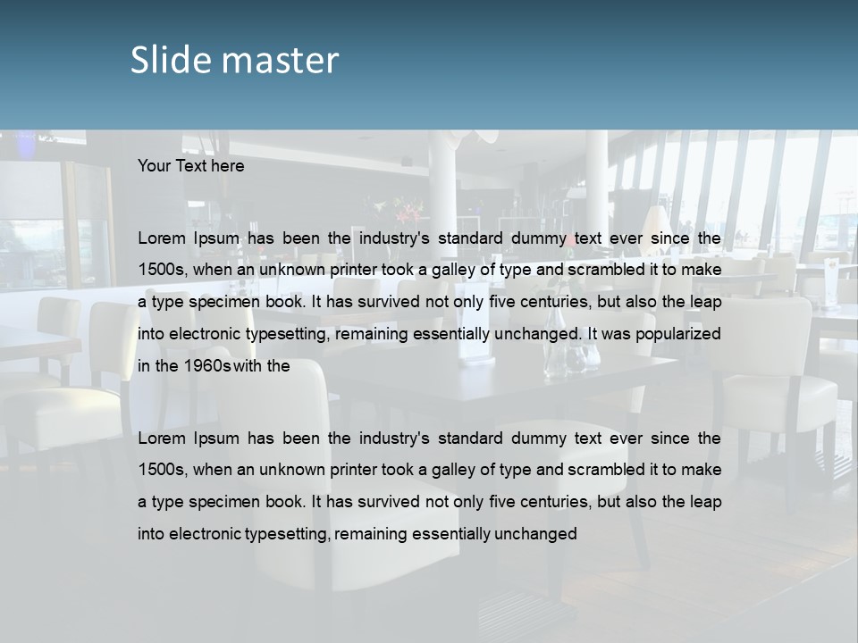 A Restaurant With Tables And Chairs And A Large Window PowerPoint Template