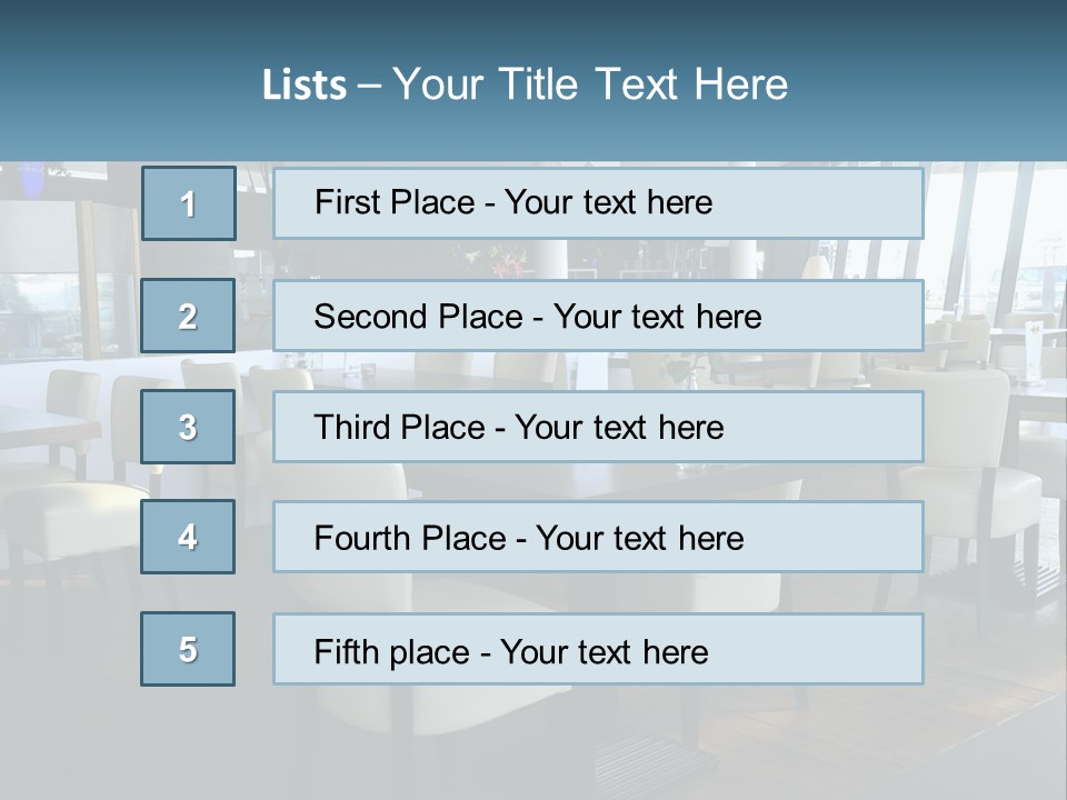 A Restaurant With Tables And Chairs And A Large Window PowerPoint Template