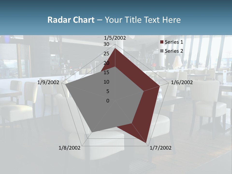 A Restaurant With Tables And Chairs And A Large Window PowerPoint Template