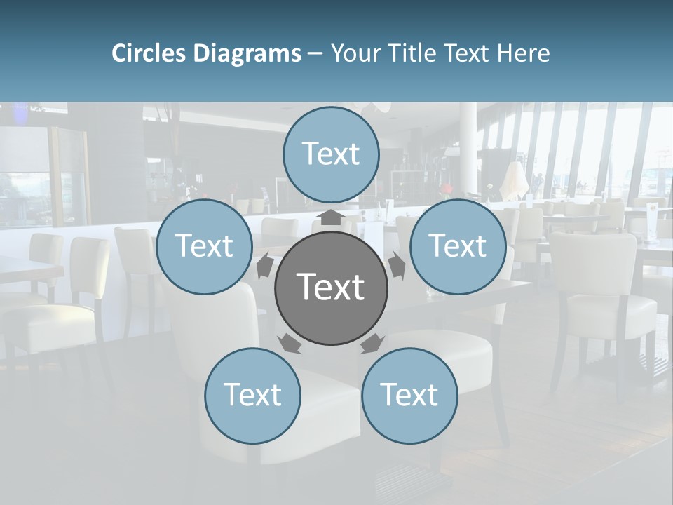 A Restaurant With Tables And Chairs And A Large Window PowerPoint Template