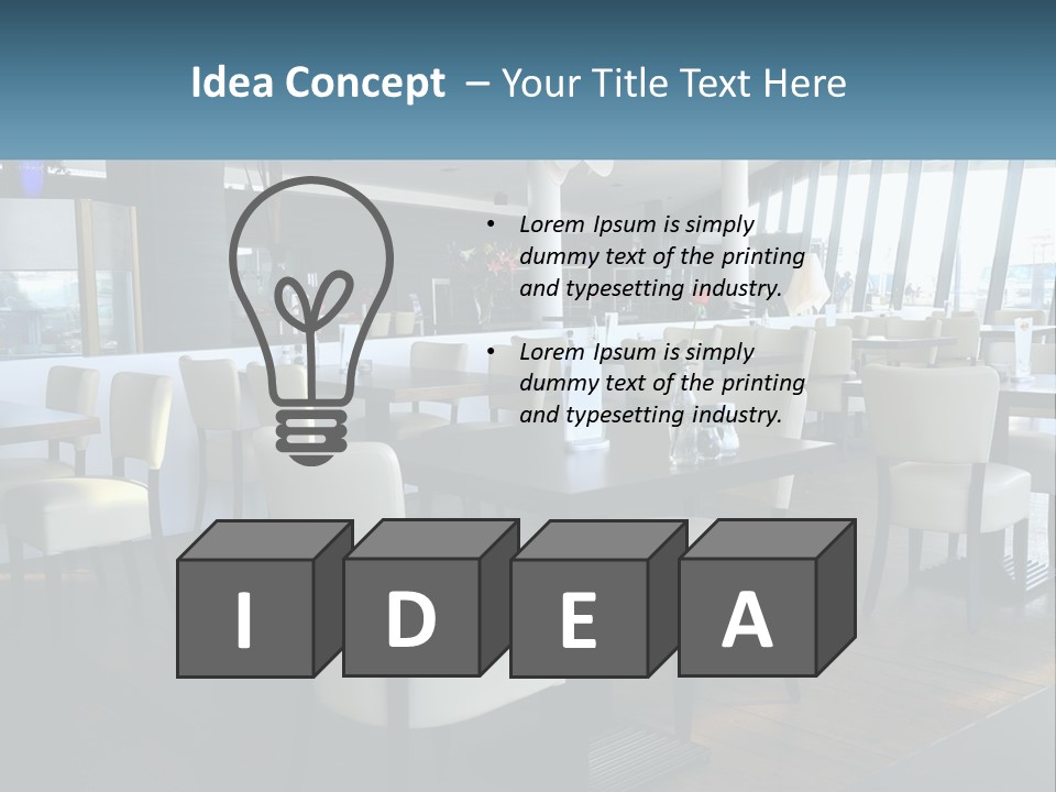 A Restaurant With Tables And Chairs And A Large Window PowerPoint Template