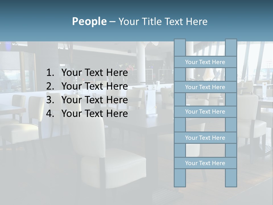 A Restaurant With Tables And Chairs And A Large Window PowerPoint Template