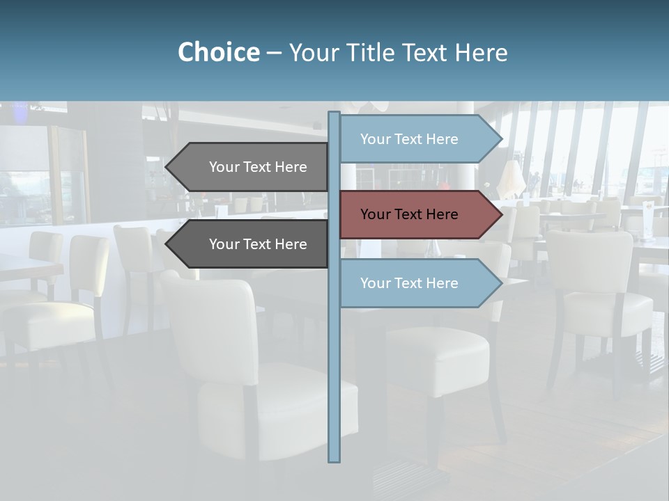 A Restaurant With Tables And Chairs And A Large Window PowerPoint Template