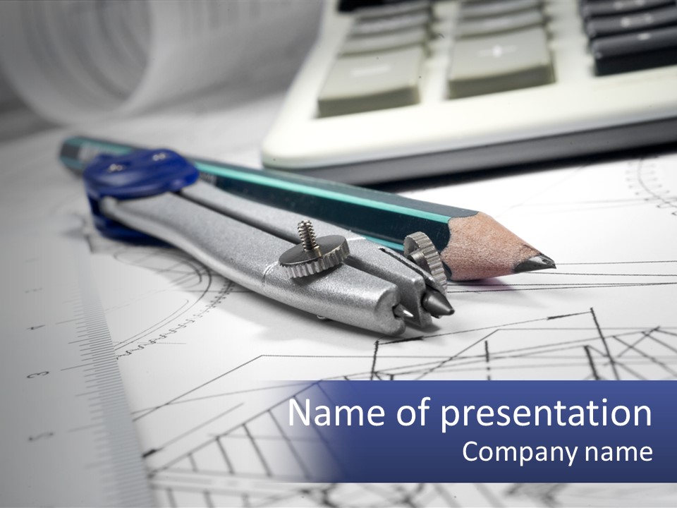 A Pencil And A Pair Of Scissors On Top Of A Blueprint PowerPoint Template