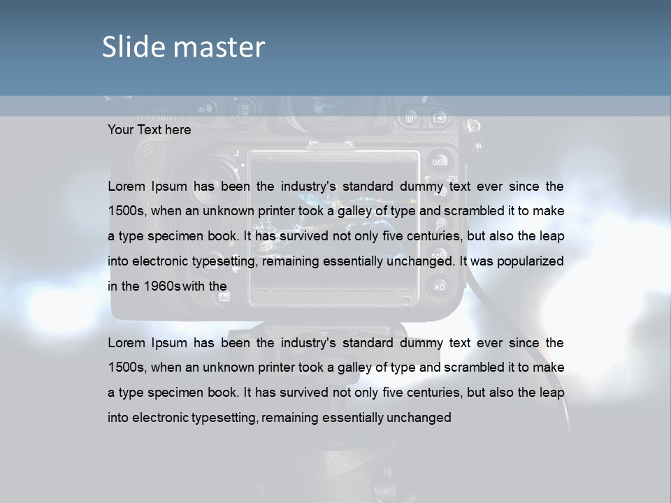 A Video Camera On A Tripod With Blurry Lights In The Background PowerPoint Template